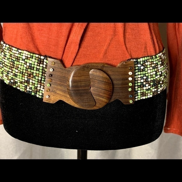 unknown Accessories - Belt - Handcrafted Beaded 2” Wide Elastic Belt Wood Hook Clasp‌‌‌‌‌‌‌‌‌